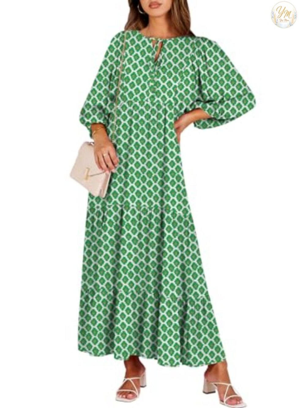 Womens Boho Floral Maxi Dress Puff Sleeve V Neck Tiered A Line